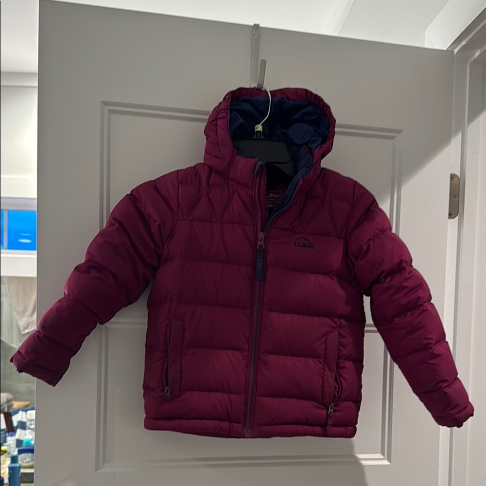 L.L. Bean Pink Puffer Jacket with Hood and Water-Resistant Material